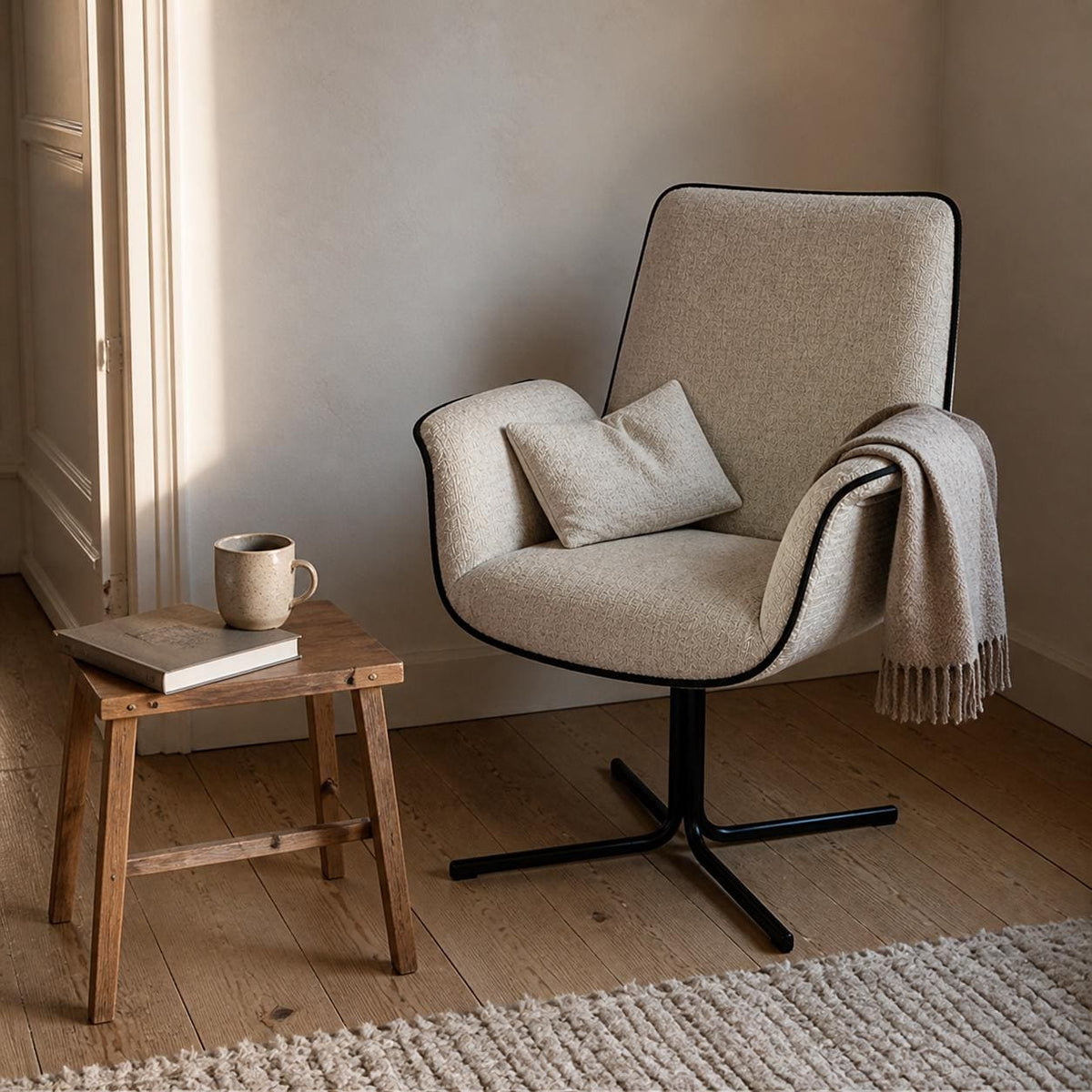 Bramley Bouclé Swivel Armchair — Cream, reading corner view