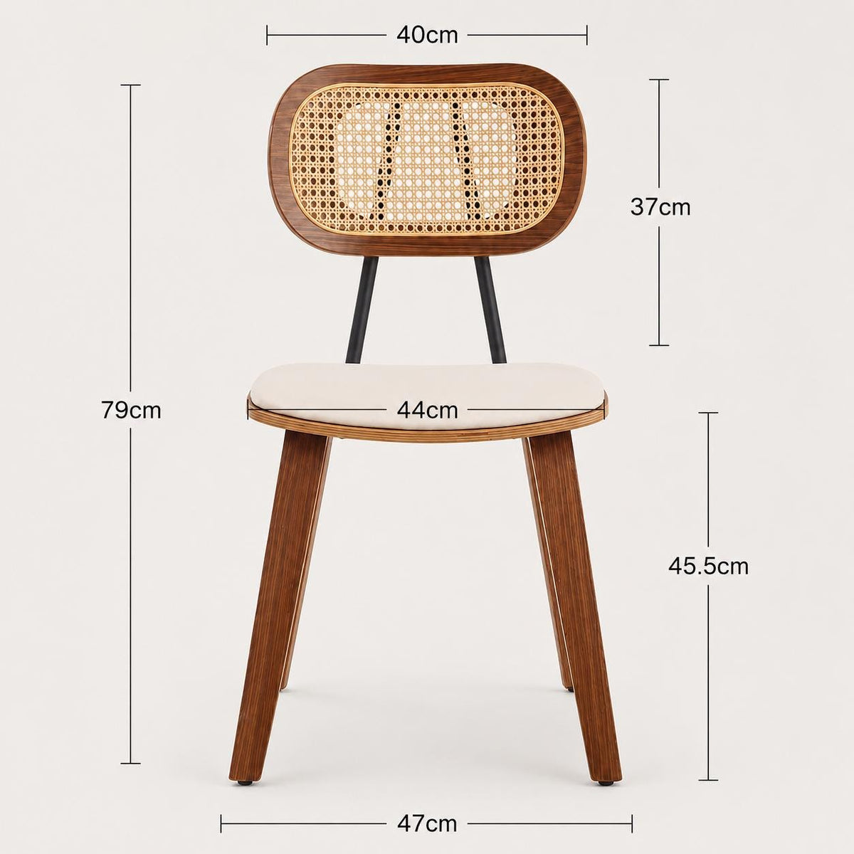 Nora Cane Back Dining Chairs — Set of Two — Walnut and Cream, dimensions
