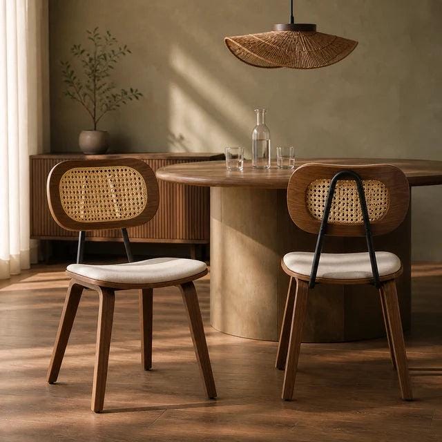 Nora Cane Back Dining Chairs — Set of Two — Walnut and Cream, dining room view