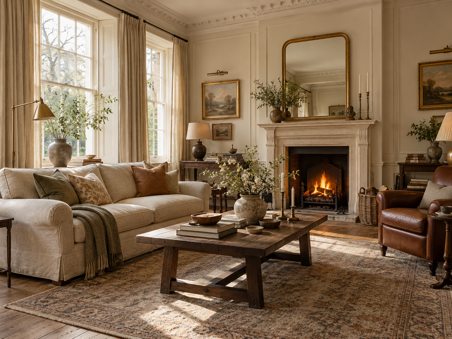 Classic British sitting room with sash windows, a stone fireplace, linen sofa and oak coffee table